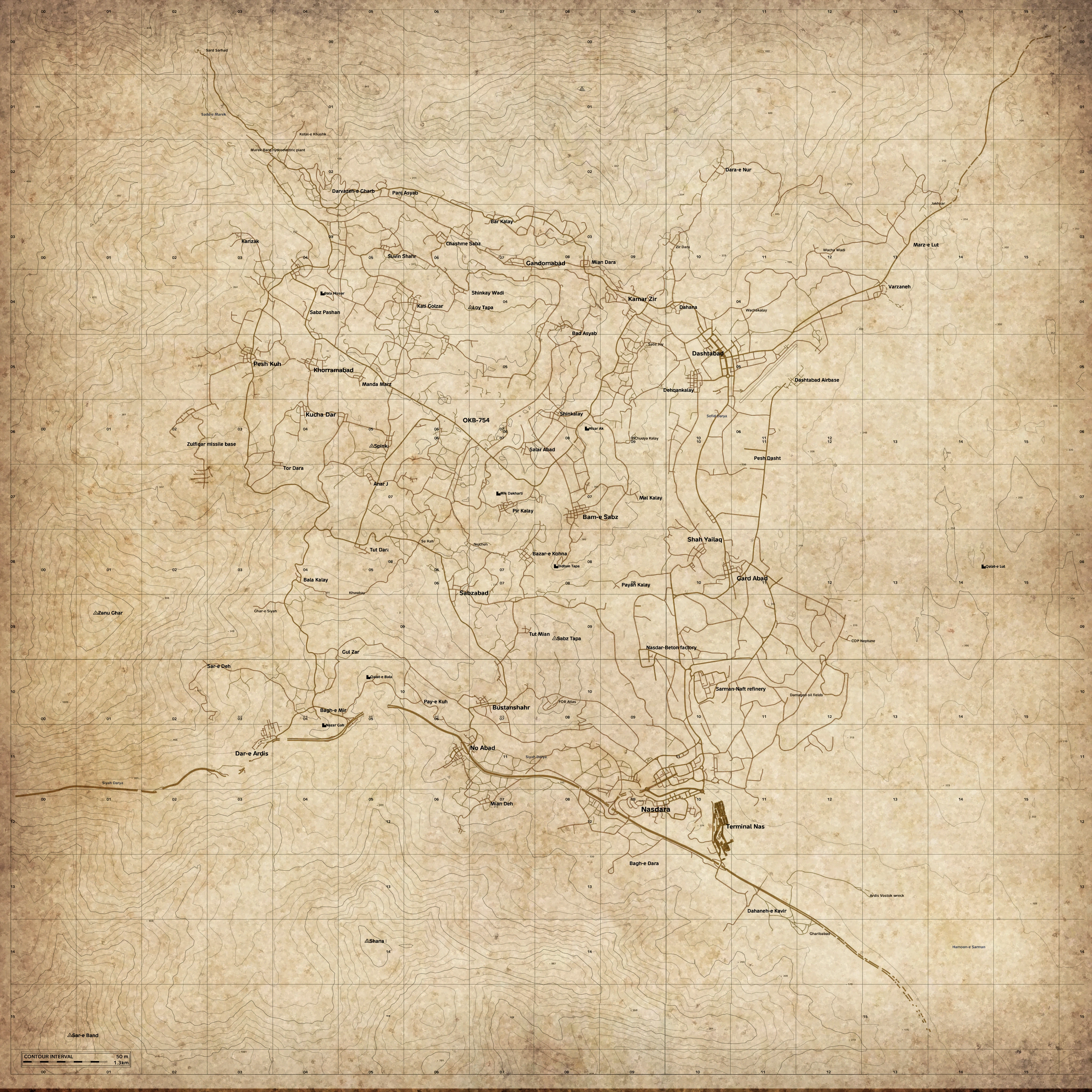 Nasdara topographic map with town names, roads and contours